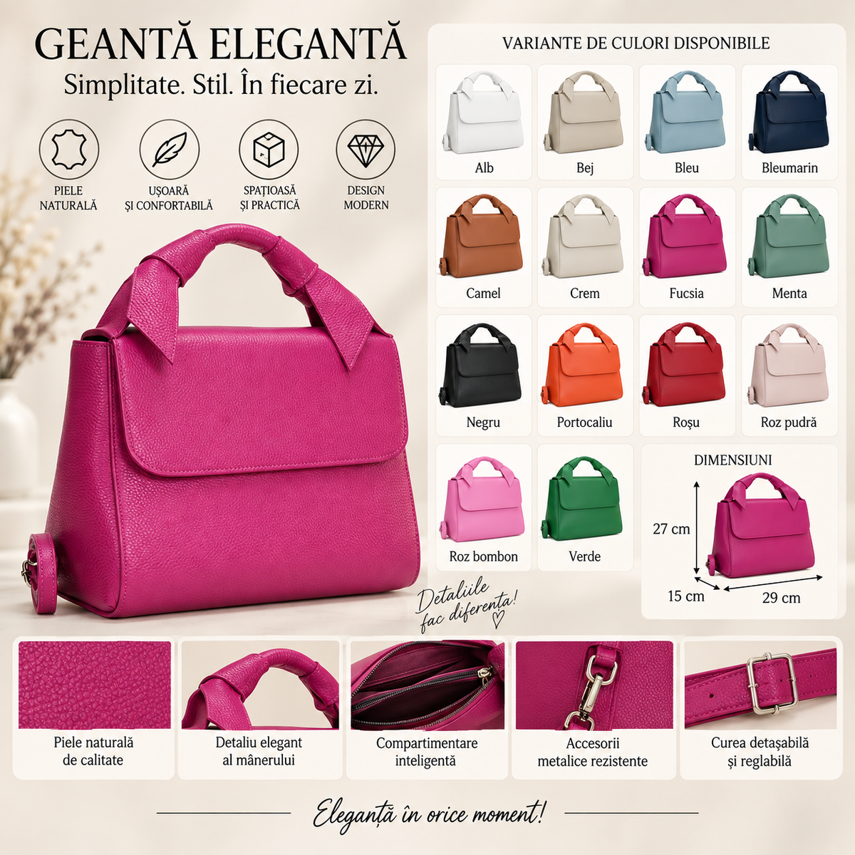 Geanta Dama din Piele Naturala 29 x 15 x 27 cm – Spatioasa, 3 Buzunare si Bareta Reglabila