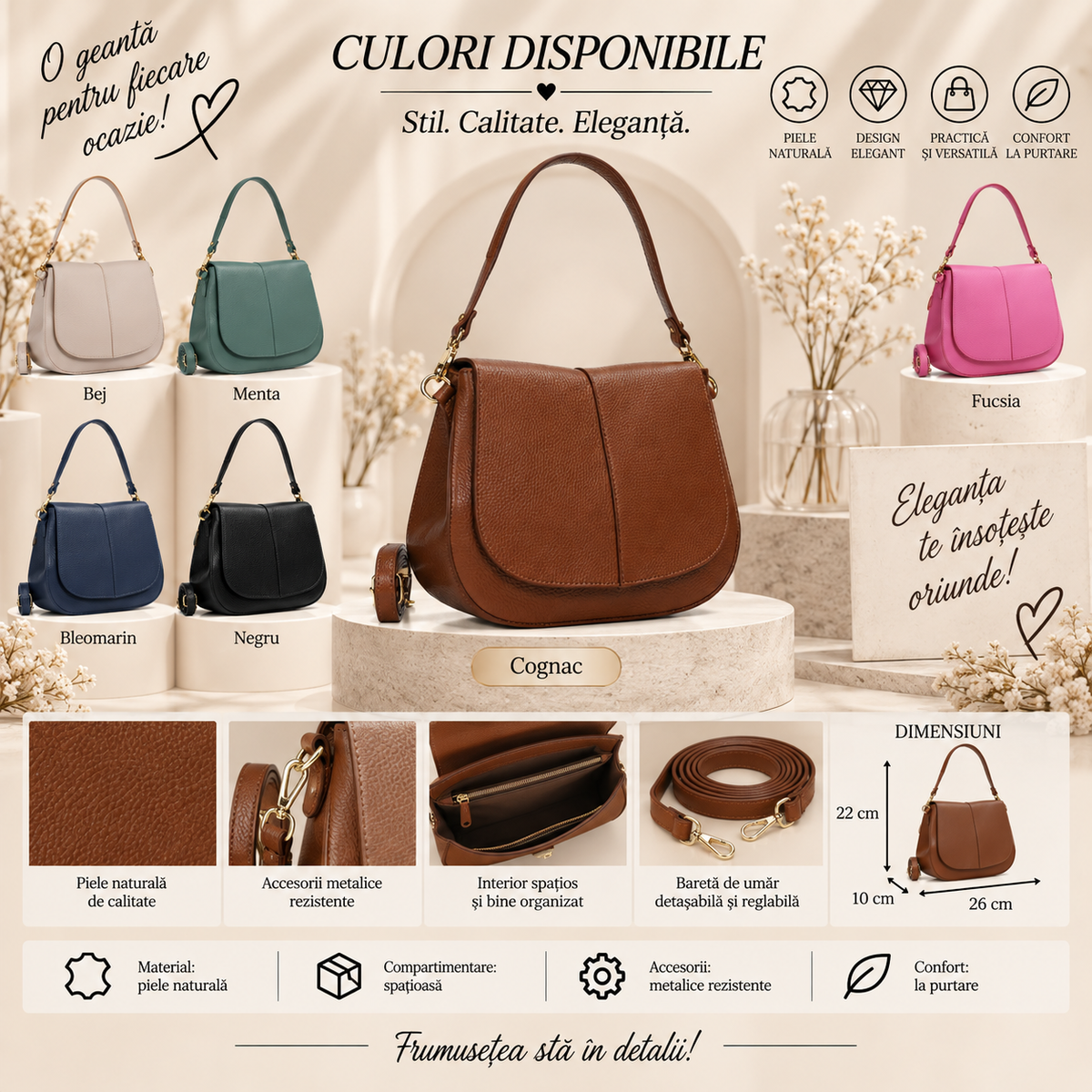 Geanta Dama din Piele Naturala 26 x 10 x 22 cm – 2 Compartimente, Buzunare Interioare si Bareta Reglabila