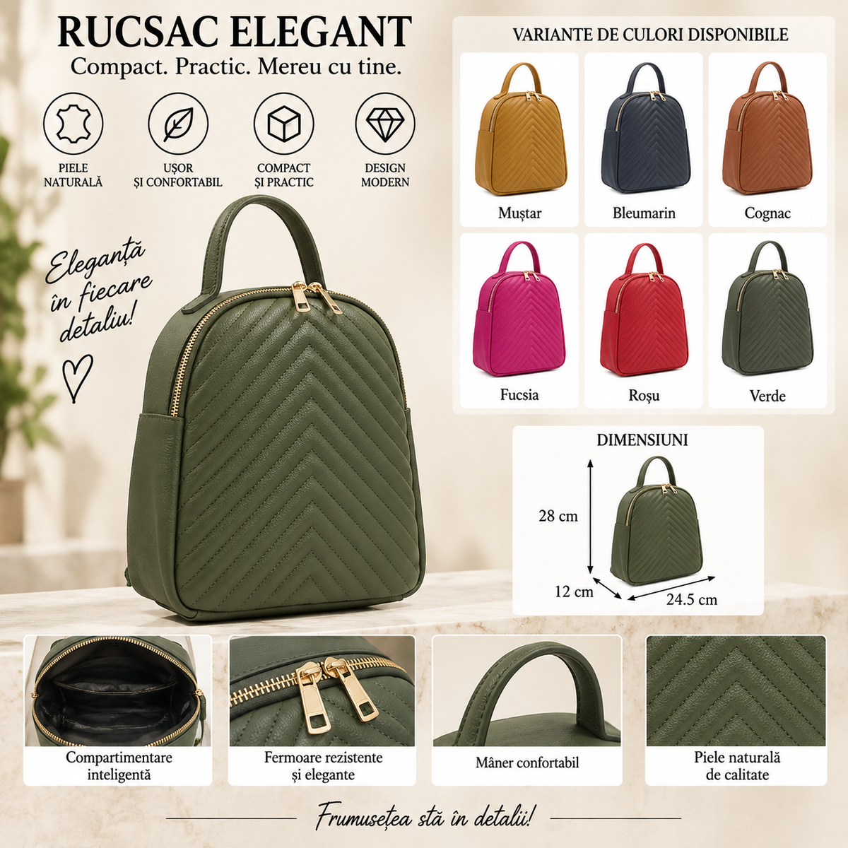 Rucsac Dama din Piele Naturala 24.5 x 12 x 28 cm – Compartimentat, Elegant si cu Bretele Reglabile