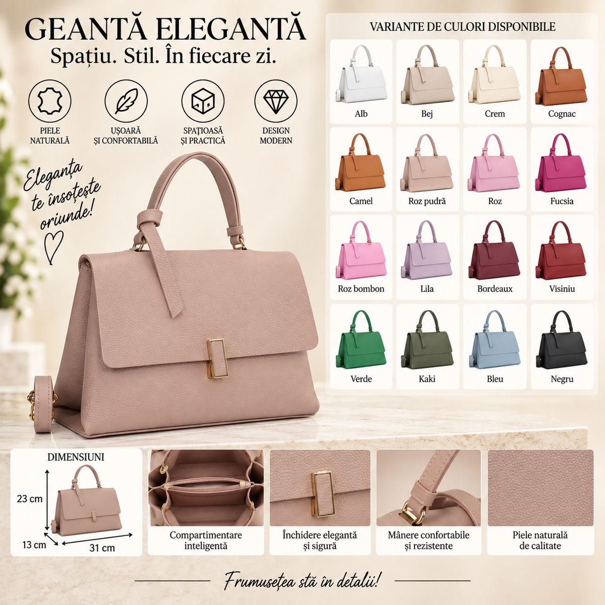 Geanta Dama din Piele Naturala 31 x 13 x 23 cm – 3 Compartimente, 3 Buzunare si Bareta Reglabila