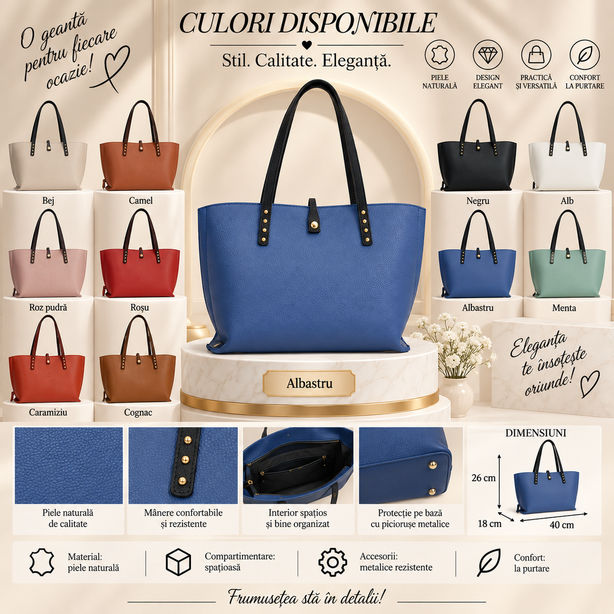 Geanta Dama din Piele Naturala 40 x 18 x 26 cm – Spatioasa, 3 Compartimente si Bareta Reglabila