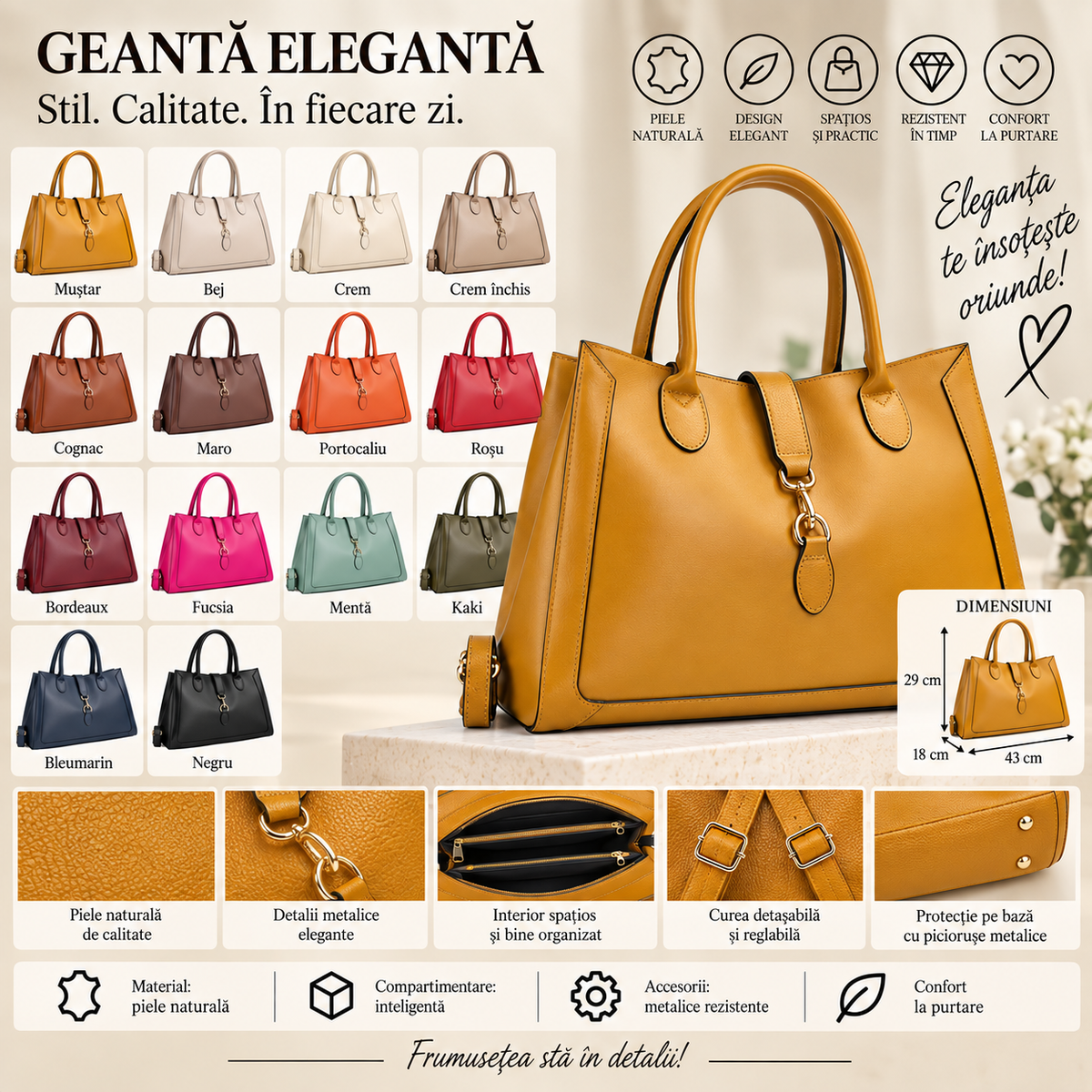 Geanta Dama Mare din Piele Naturala 43 x 18 x 29 cm – Spatioasa, 3 Compartimente si Bareta Reglabila
