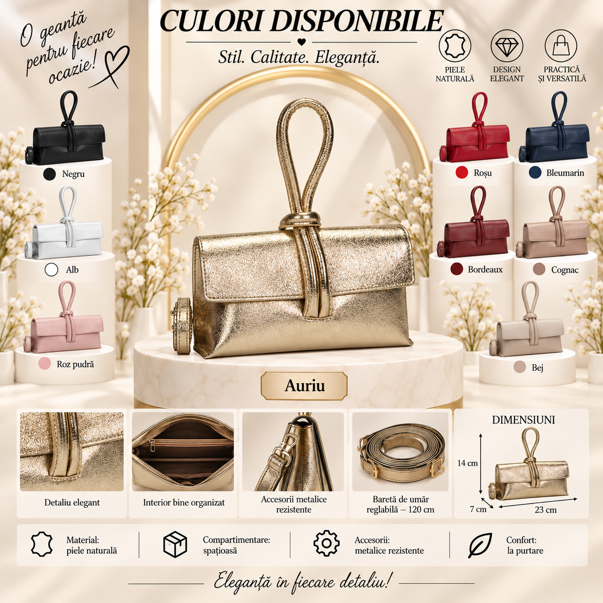 Geanta Mini Dama din Piele Naturala 23 x 7 x 14 cm – Compacta, Eleganta si cu Bareta Reglabila