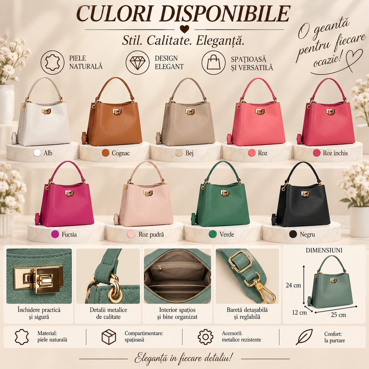 Geanta Mini Dama din Piele Naturala 25 x 12 x 24 cm – 3 Compartimente si Bareta Reglabila