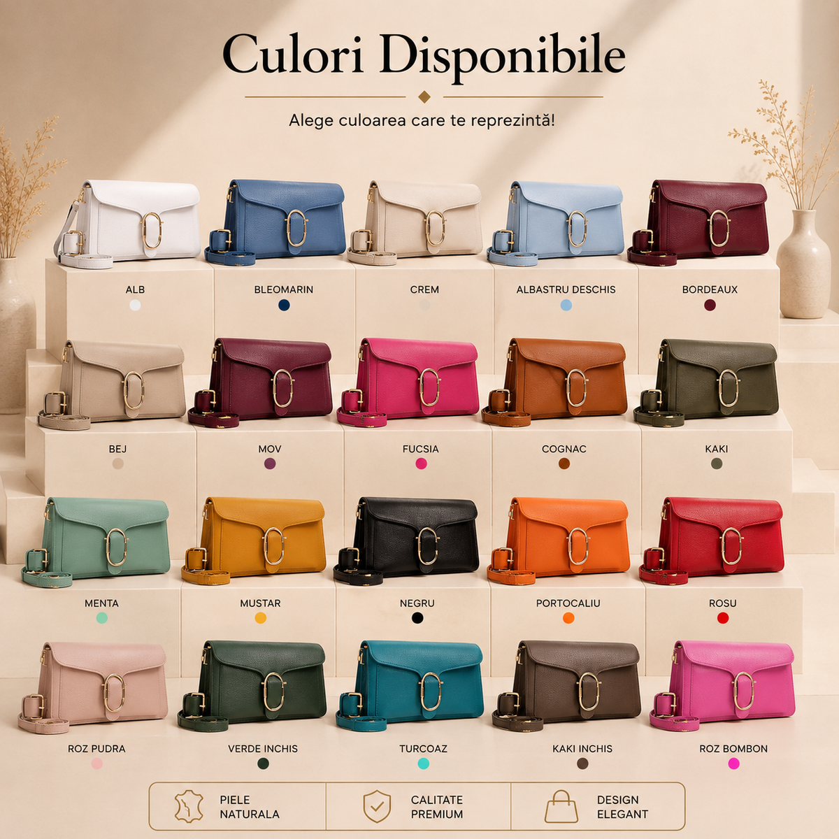 Geanta Dama din Piele Naturala 26 x 9 x 14 cm – 3 Compartimente si 2 Barete pentru Purtare Versatila