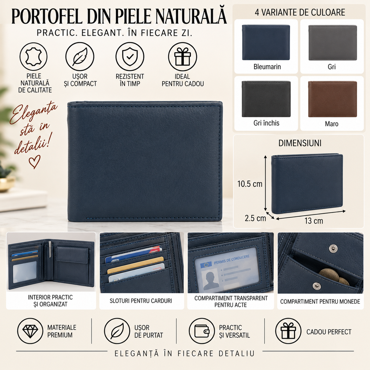 Portofel din Piele Naturala 13 x 2.5 x 10.5 cm – Compact, Elegant si Practic