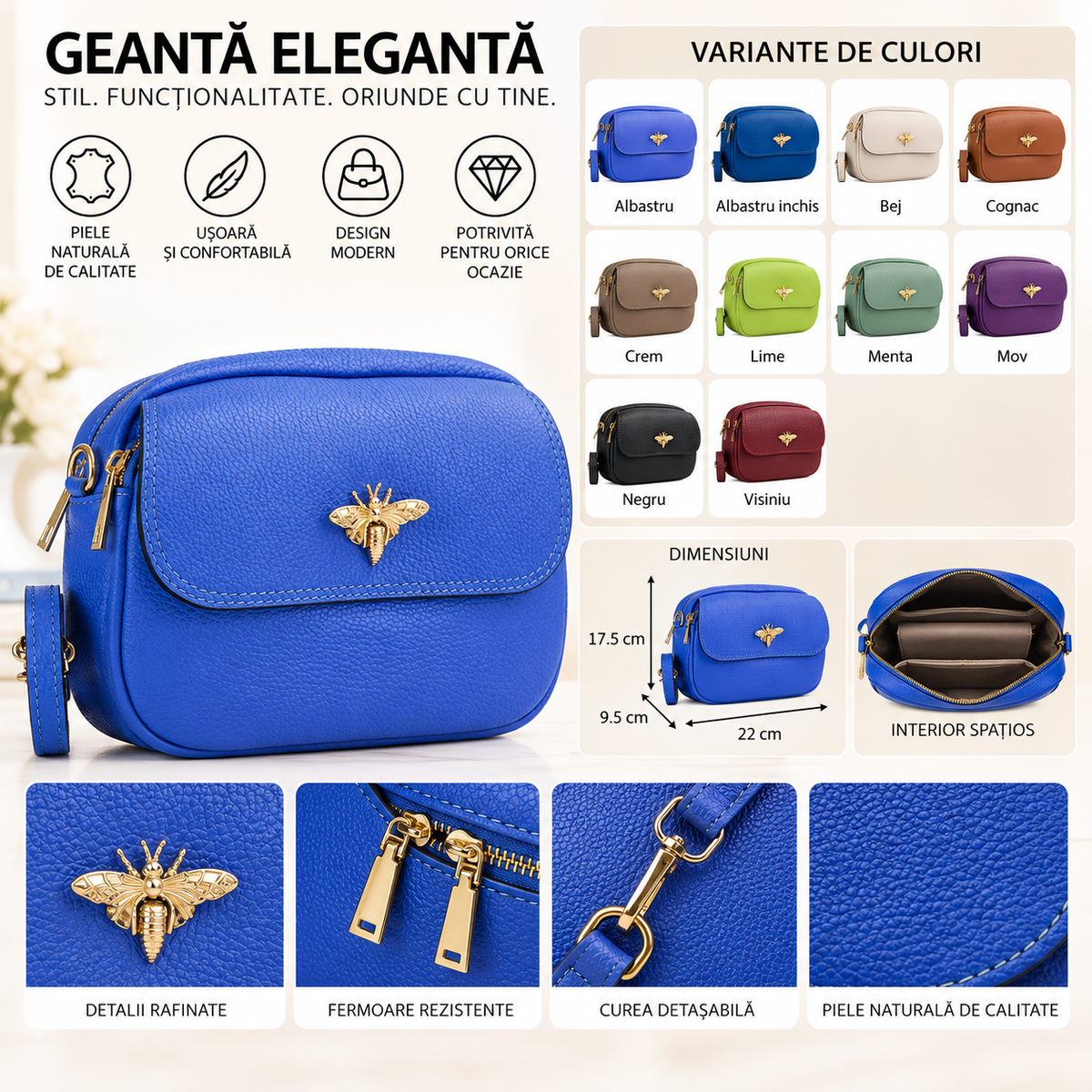 Geanta Mini Dama din Piele Naturala 22 x 9.5 x 17.5 cm – 2 Compartimente si Bareta Reglabila