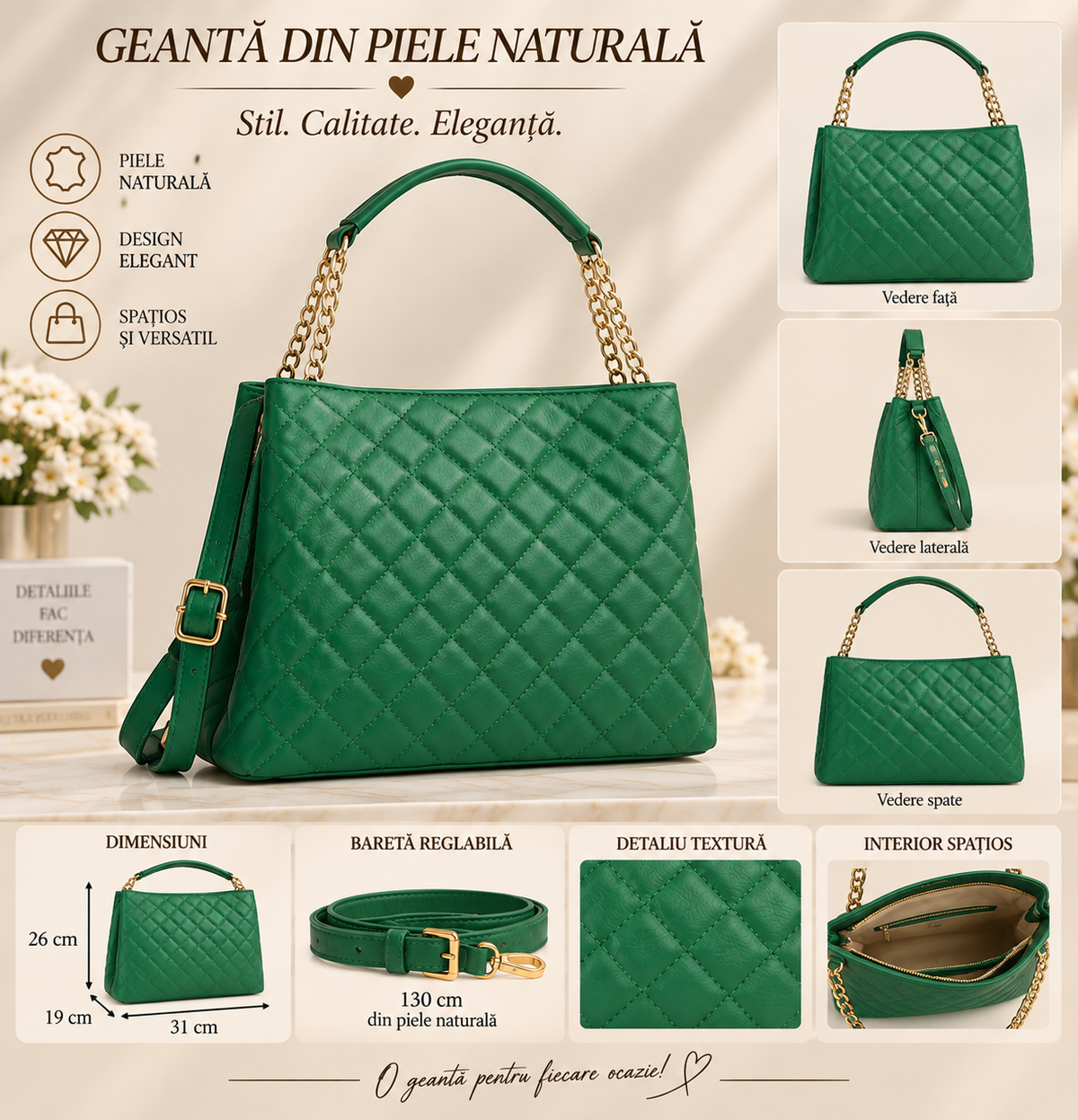 Geanta Dama din Piele Naturala 31 x 19 x 26 cm – Spatioasa, 3 Compartimente si Bareta Reglabila