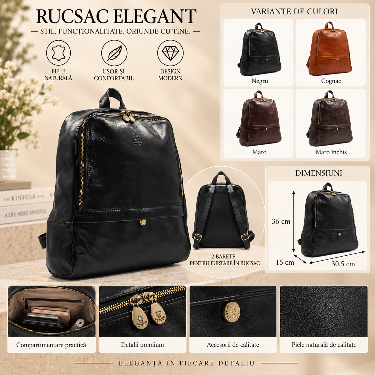 Rucsac Dama din Piele Naturala 30.5 x 15 x 36 cm – Spatios, 6 Buzunare si Bretele Reglabile