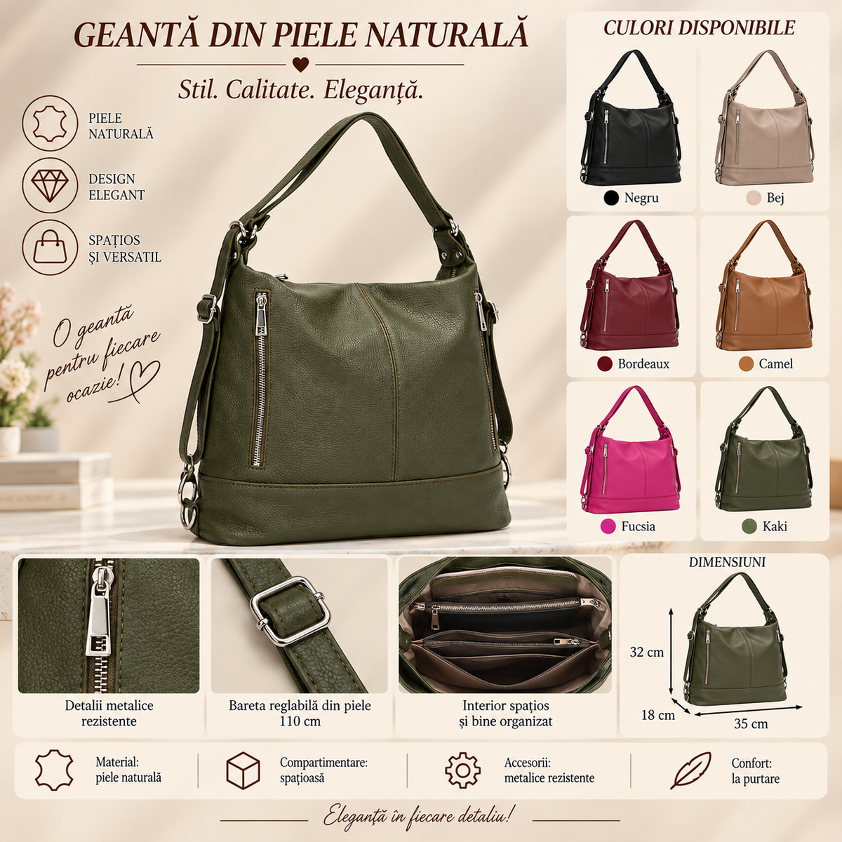 Geanta Dama Mare din Piele Naturala 35 x 18 x 32 cm – Spatioasa, 5 Buzunare si Barete Reglabile