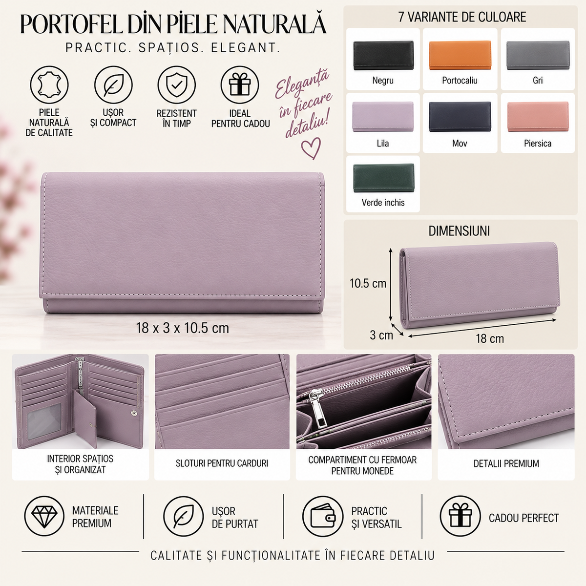 Portofel Dama din Piele Naturala 18 x 3 x 10.5 cm – Elegant, Compact si Practic