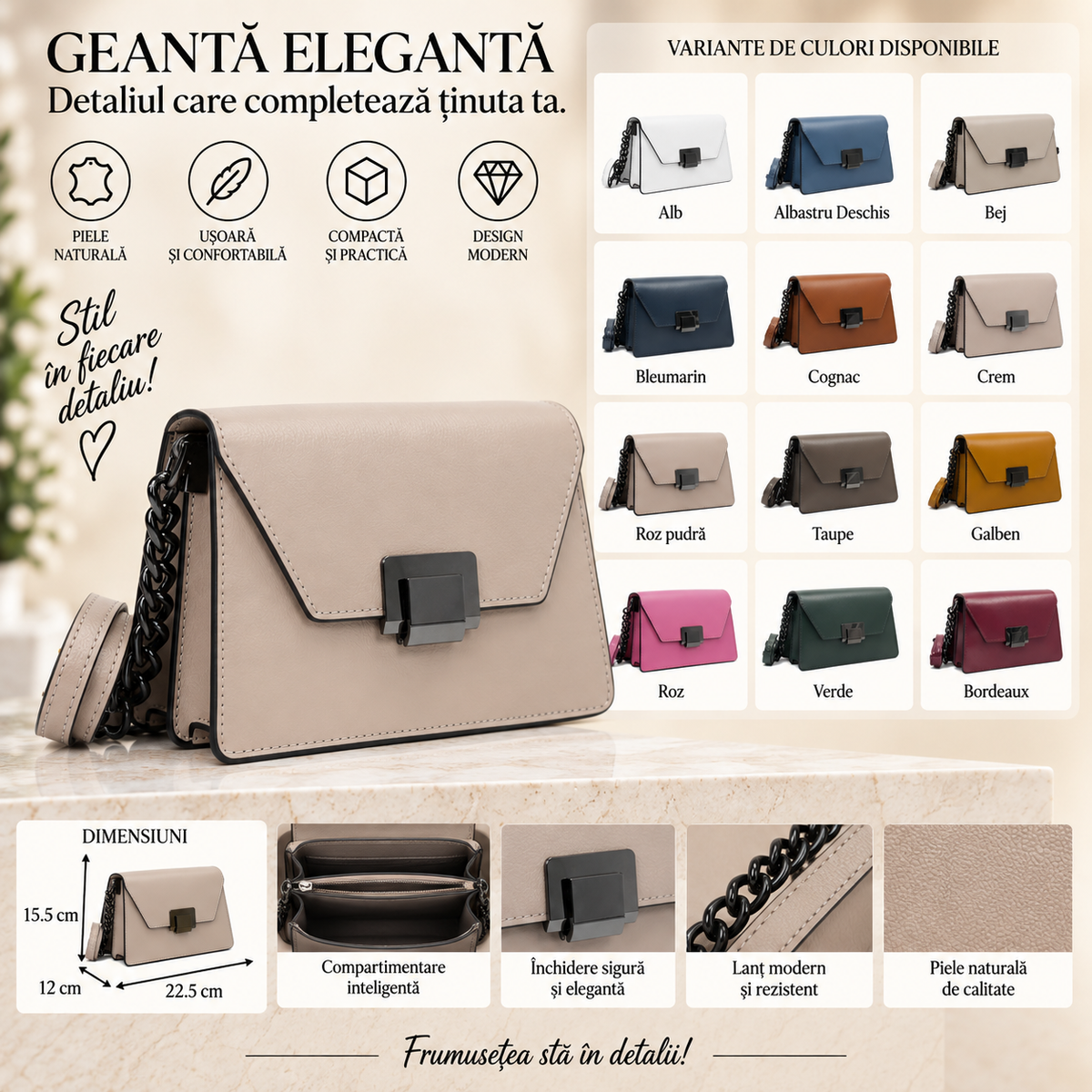Geanta Dama din Piele Naturala 22.5 x 12 x 15.5 cm – 3 Compartimente si 2 Barete