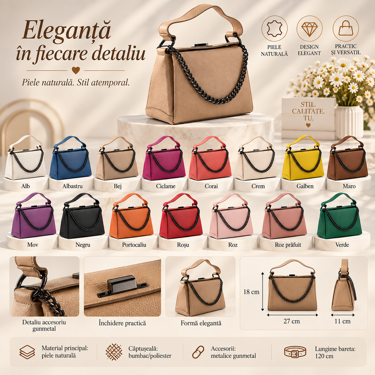 Geanta Dama din Piele Naturala 27 x 18 x 11 cm – 3 Compartimente, Lant Metalic si Bareta Detasabila