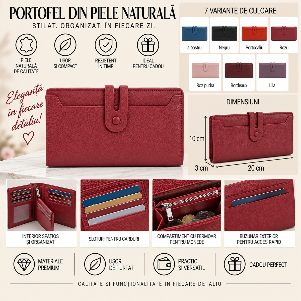 Portofel Dama din Piele Naturala 20 x 3 x 10 cm – Elegant, Spatios si Compartimentat