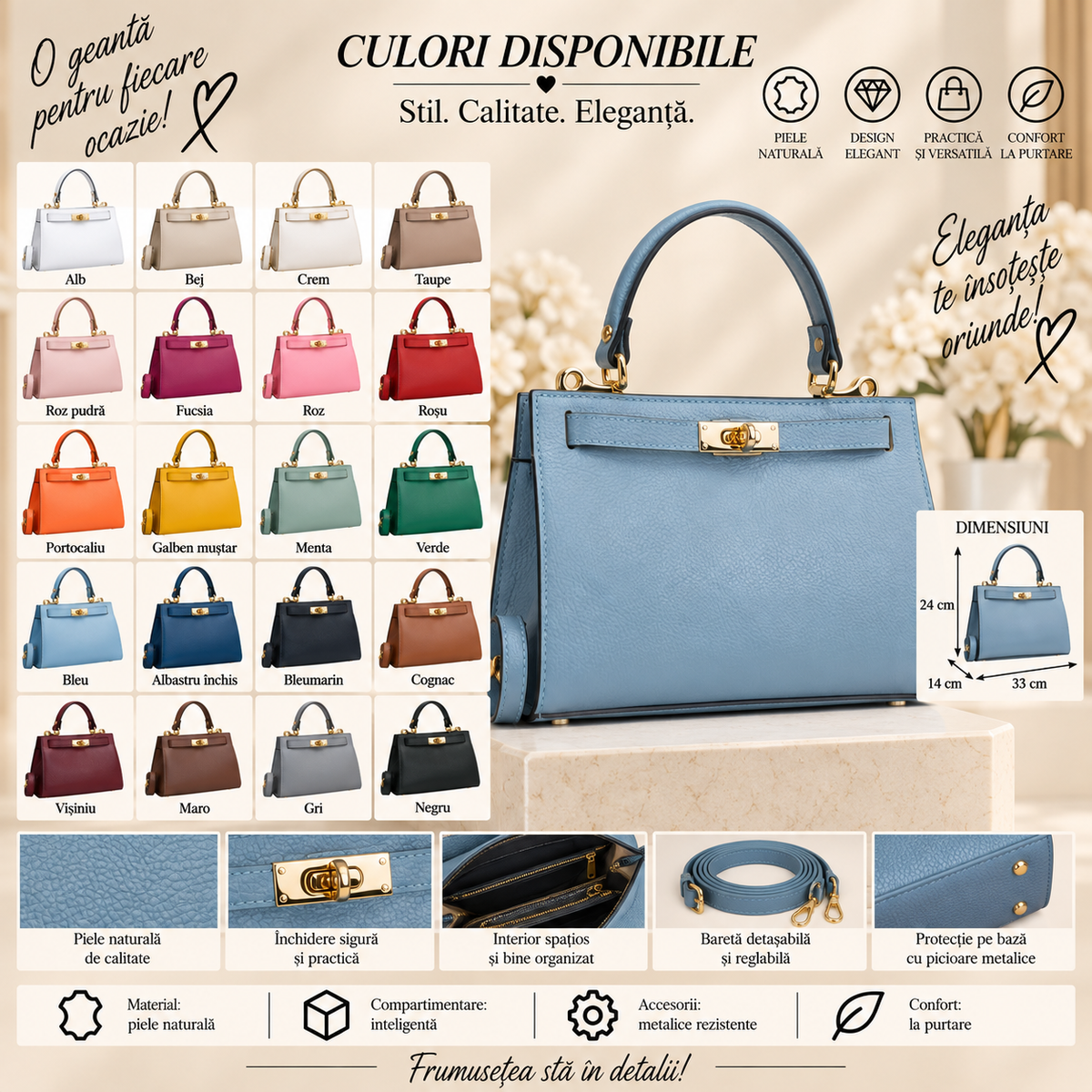 Geanta Dama din Piele Naturala 33 x 14 x 24 cm – Eleganta, Practica si cu Bareta Reglabila