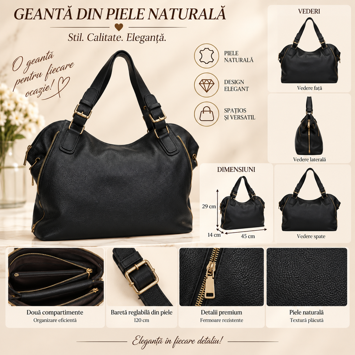 Geanta Dama Mare din Piele Naturala 45 x 14 x 29 cm – Spatioasa, 2 Compartimente si Bareta Reglabila