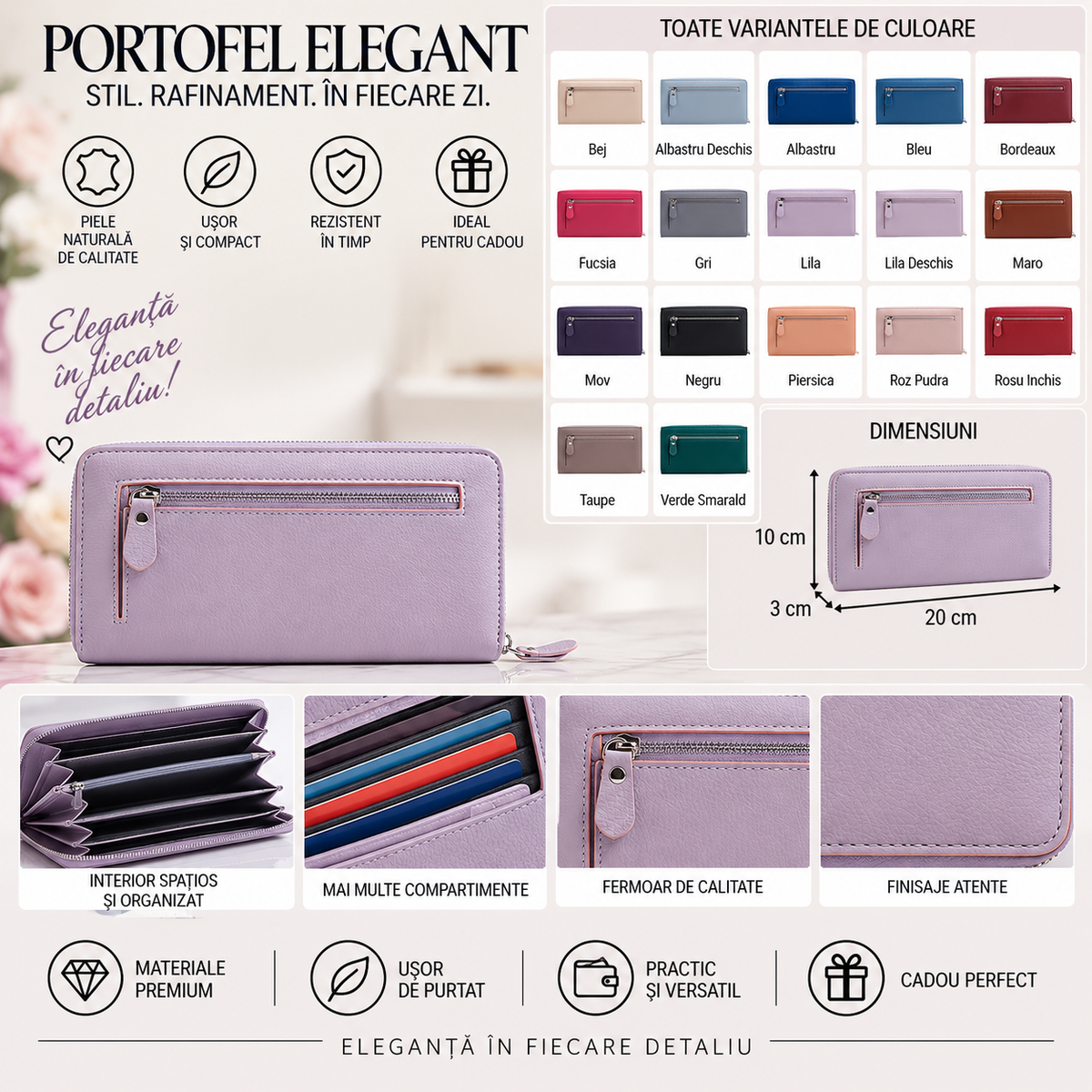 Portofel Dama din Piele Naturala 20 x 3 x 10 cm – Elegant, Compartimentat si Practic