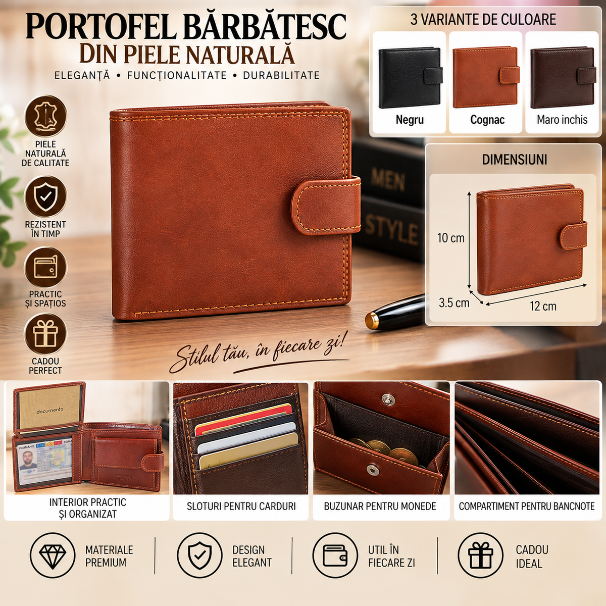 Portofel Barbatesc din Piele Naturala 12 x 3.5 x 10 cm – Compact, Elegant si Compartimentat