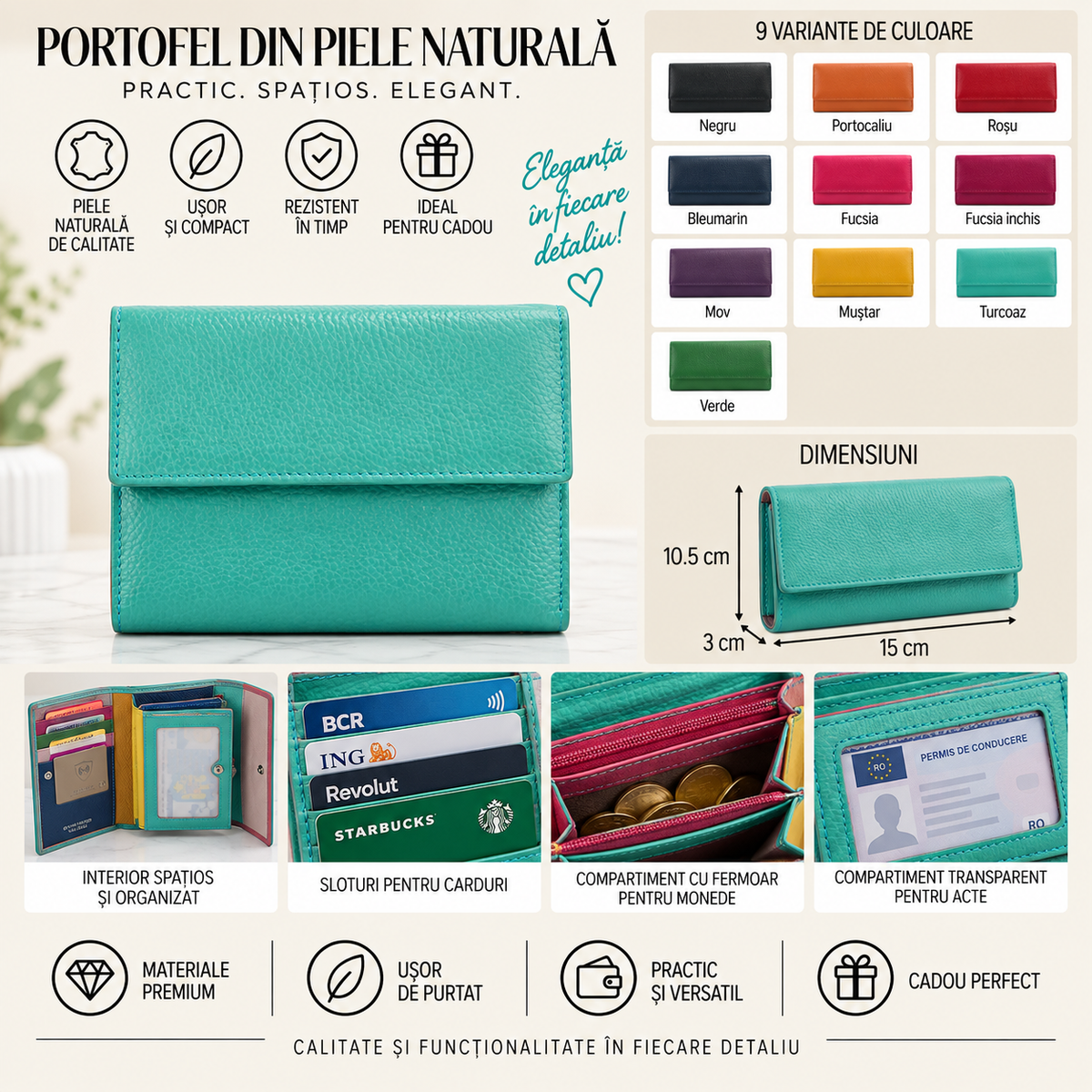 Portofel Dama din Piele Naturala 15 x 3 x 10.5 cm – Mini, Elegant si Compact