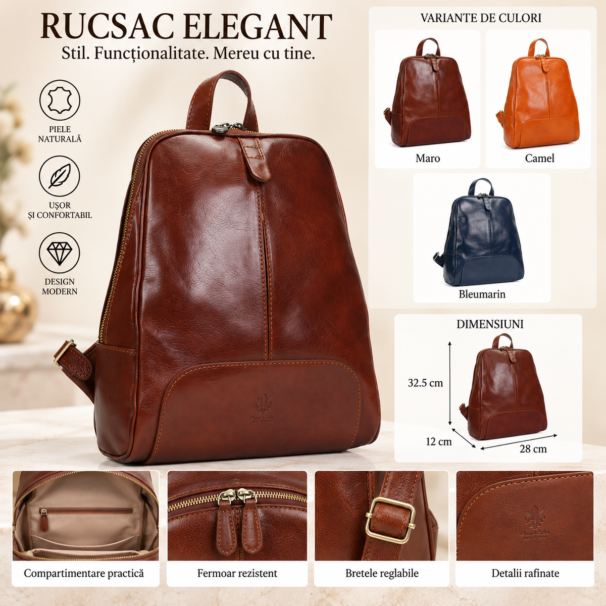 Rucsac Dama din Piele Naturala 28 x 12 x 32.5 cm – Spatios, 5 Buzunare si Bretele Reglabile