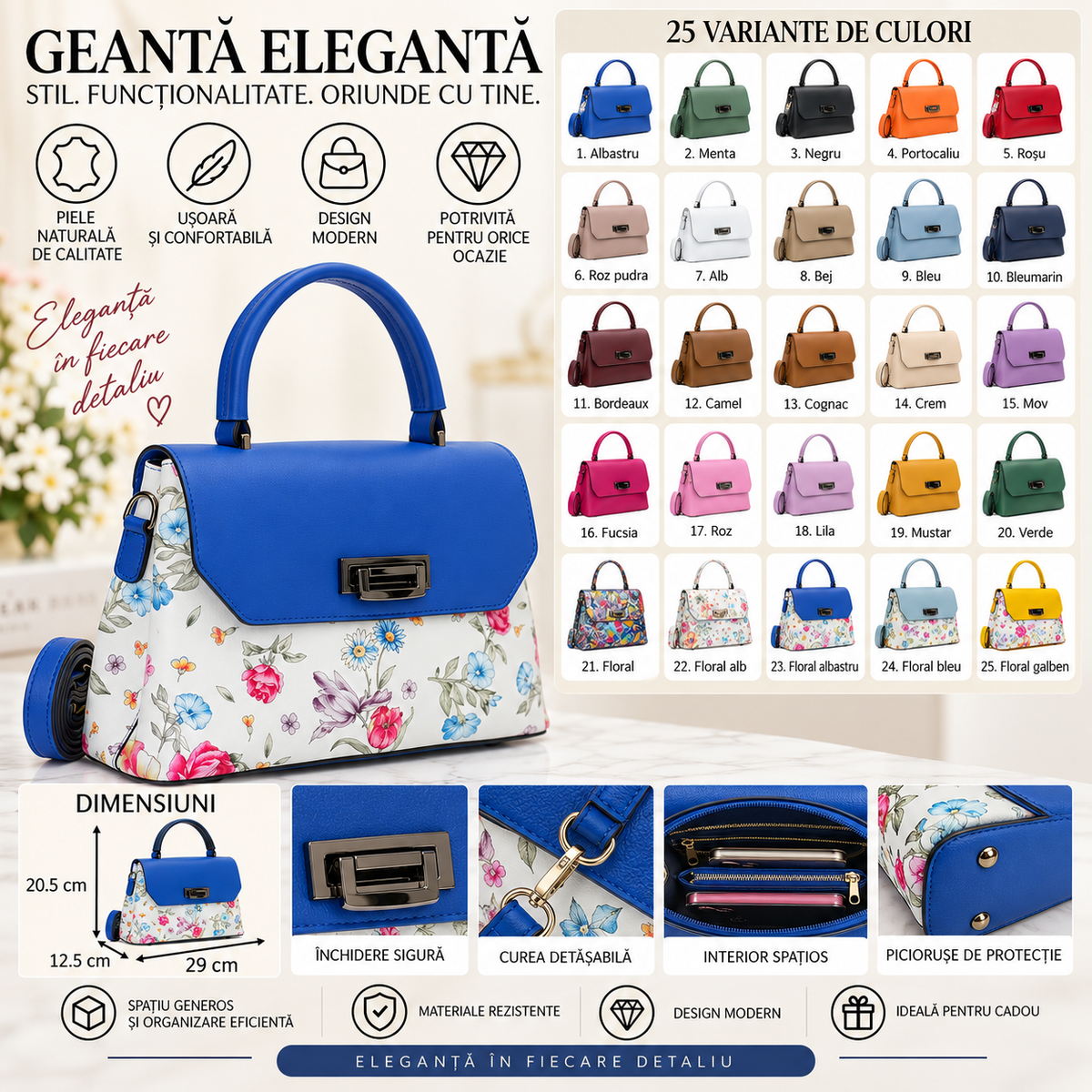 Geanta Dama din Piele Naturala 29 x 12.5 x 20.5 cm – 2 Compartimente si 4 Buzunare