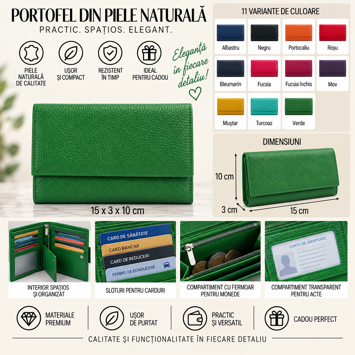 Portofel Dama din Piele Naturala 15 x 3 x 10 cm – Compact, Elegant si Practic