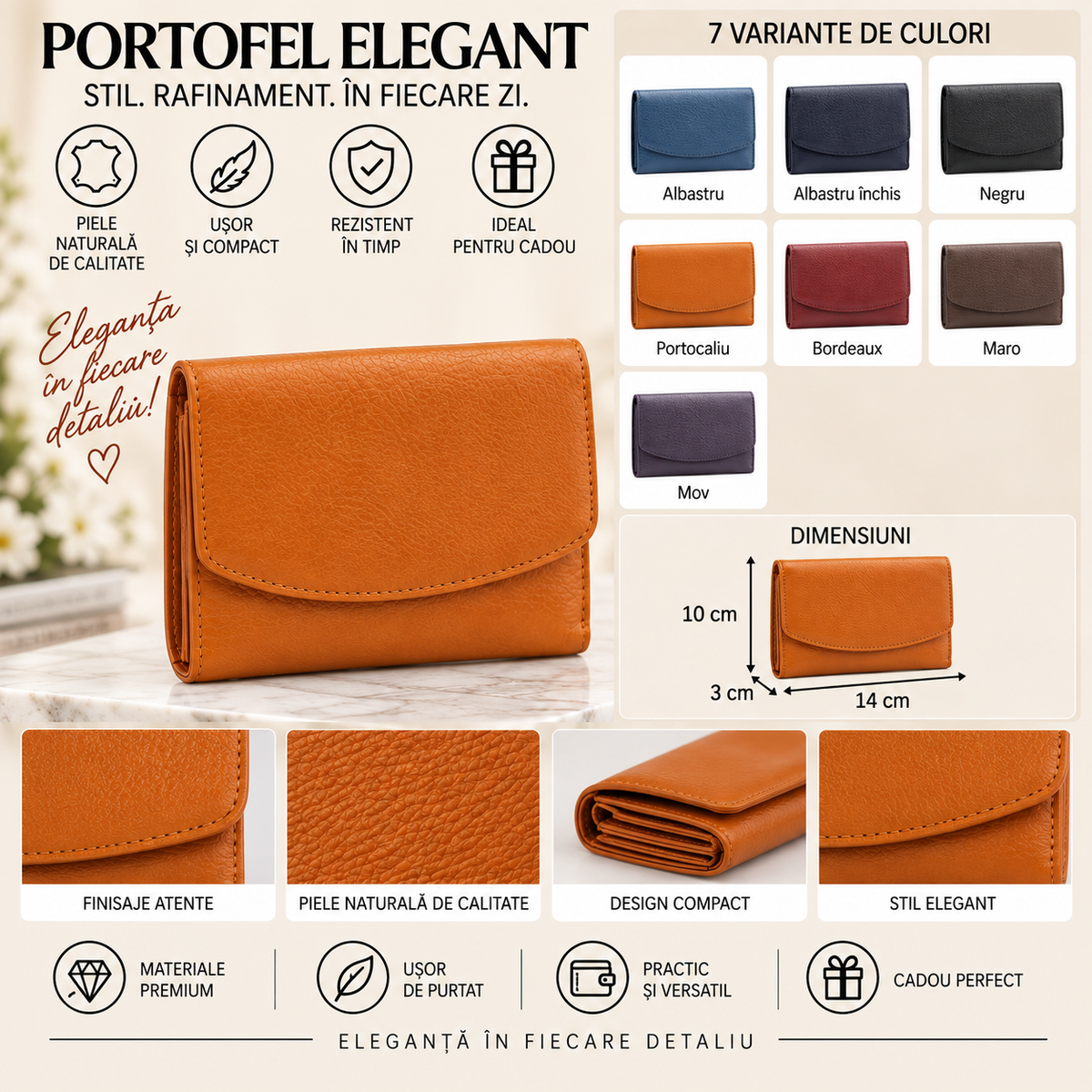 Portofel Dama din Piele Naturala 14 x 3 x 10 cm – Compact, Elegant si Practic