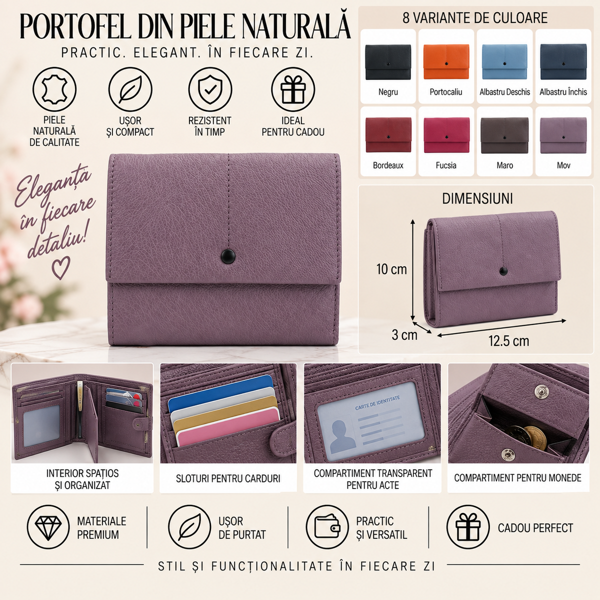 Portofel Dama din Piele Naturala 12.5 x 3 x 10 cm – Compact, Elegant si Compartimentat