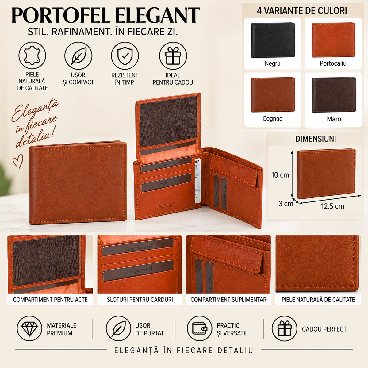 Portofel din Piele Naturala 12.5 x 3 x 10 cm – Compact, Elegant si Practic
