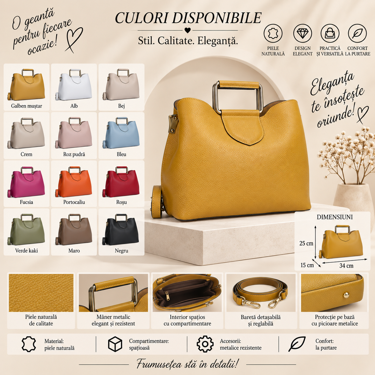 Geanta Dama din Piele Naturala 34 x 15 x 25 cm – Spatioasa, 3 Compartimente si Bareta Reglabila