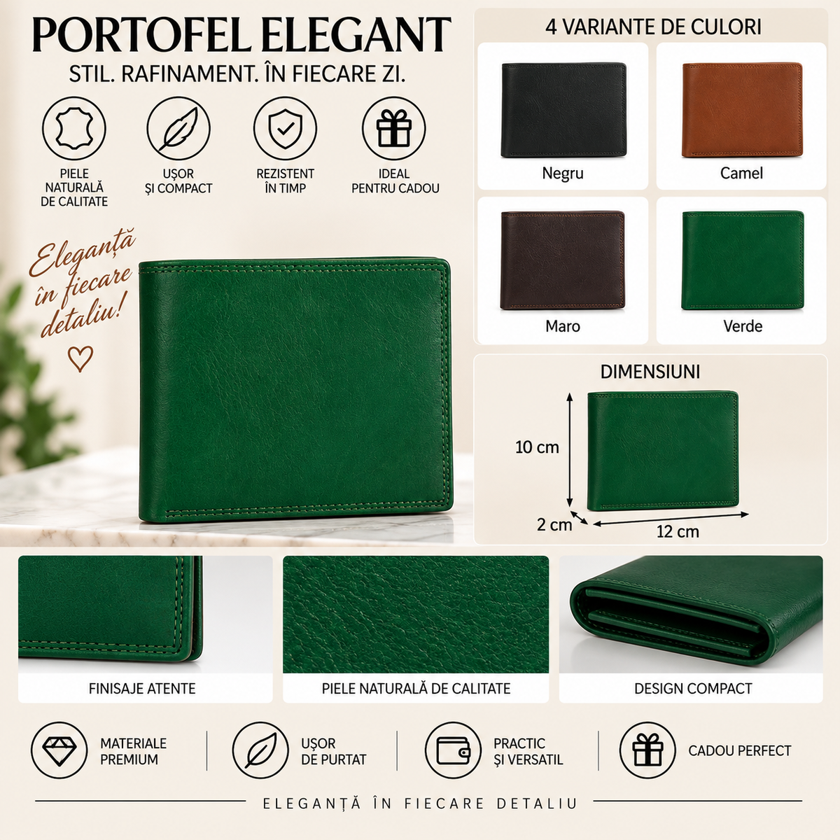 Portofel din Piele Naturala 12 x 2 x 10 cm – Compact, Elegant si Practic