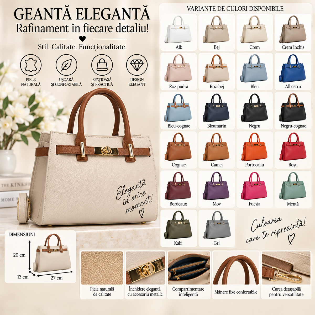 Geanta Dama din Piele Naturala 27 x 13 x 20 cm – 3 Compartimente, 3 Buzunare si Bareta Reglabila