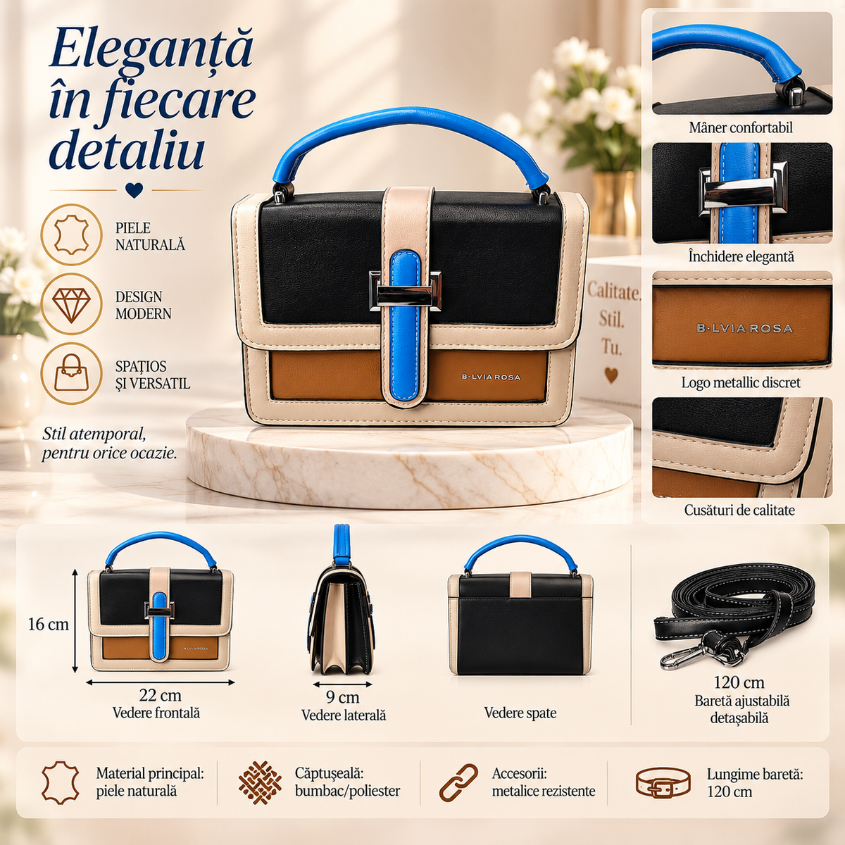 Geanta Dama Crossbody din Piele Ecologica – Design Bicolor, Bareta Reglabila si Accesorii Metalice