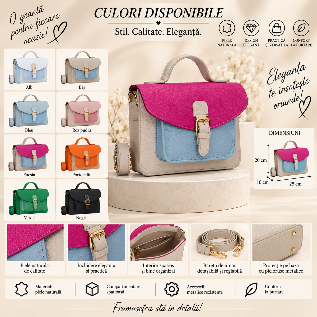 Geanta Dama din Piele Naturala 25 x 10 x 20 cm – Compacta, 2 Buzunare si Bareta Reglabila