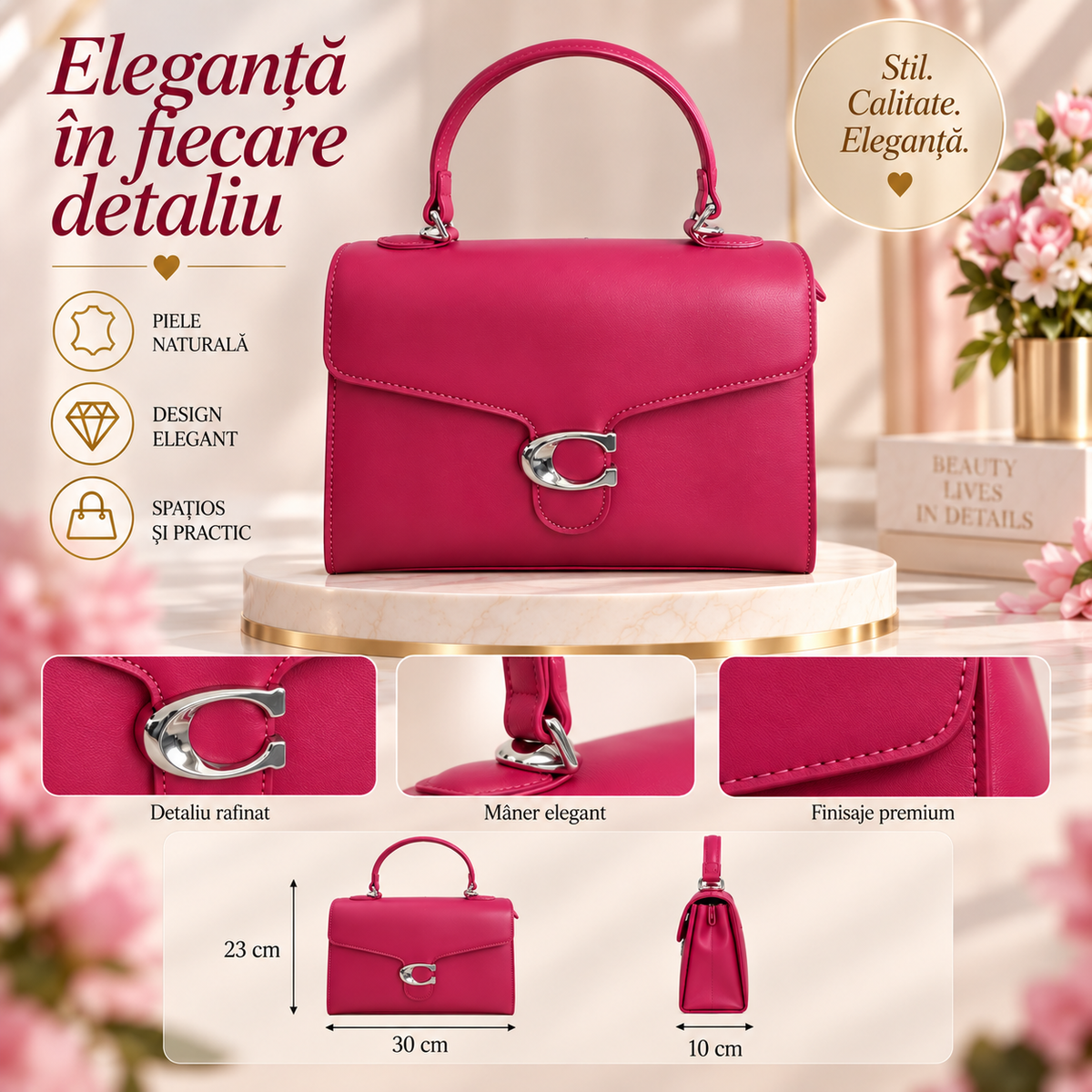 Geanta Dama din Piele Ecologica 30 x 23 x 10 cm – Eleganta, Spatioasa si cu Bareta de Umar