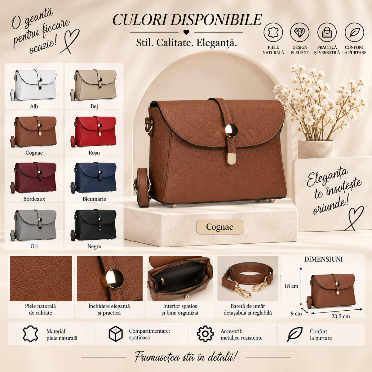 Geanta Dama din Piele Naturala 23.5 x 9 x 18 cm – Compacta, Eleganta si cu Bareta Reglabila