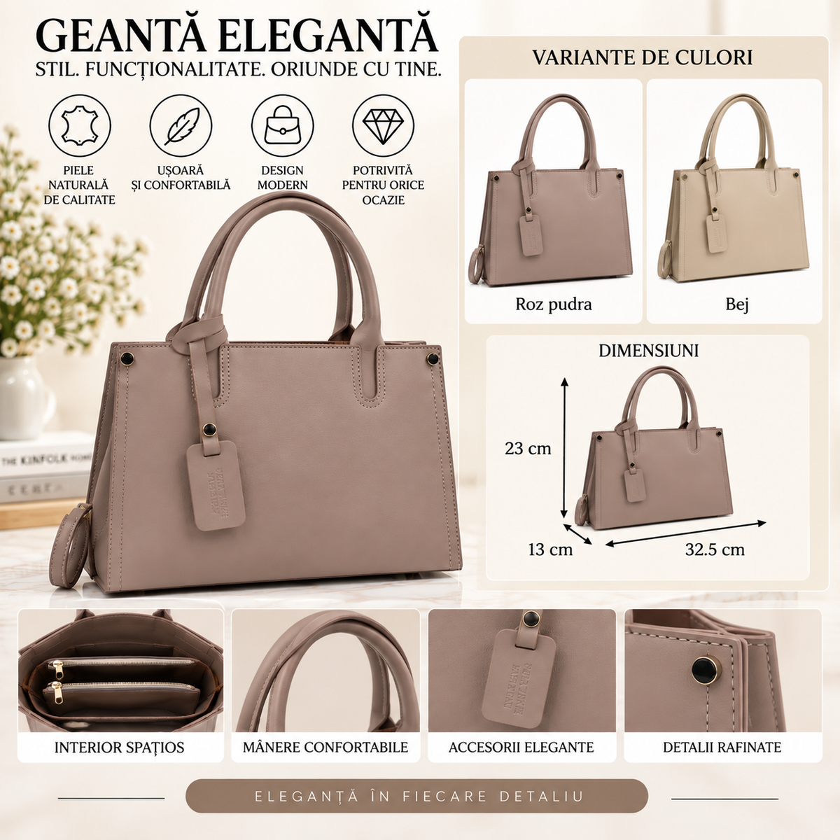 Geanta Dama din Piele Naturala 32.5 x 13 x 23 cm – 3 Compartimente, 3 Buzunare si Bareta Reglabila