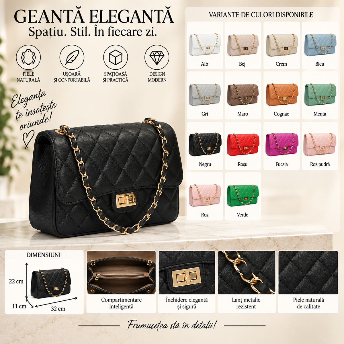 Geanta Dama din Piele Naturala 32 x 11 x 22 cm – 3 Compartimente si Bareta din Zale cu Piele