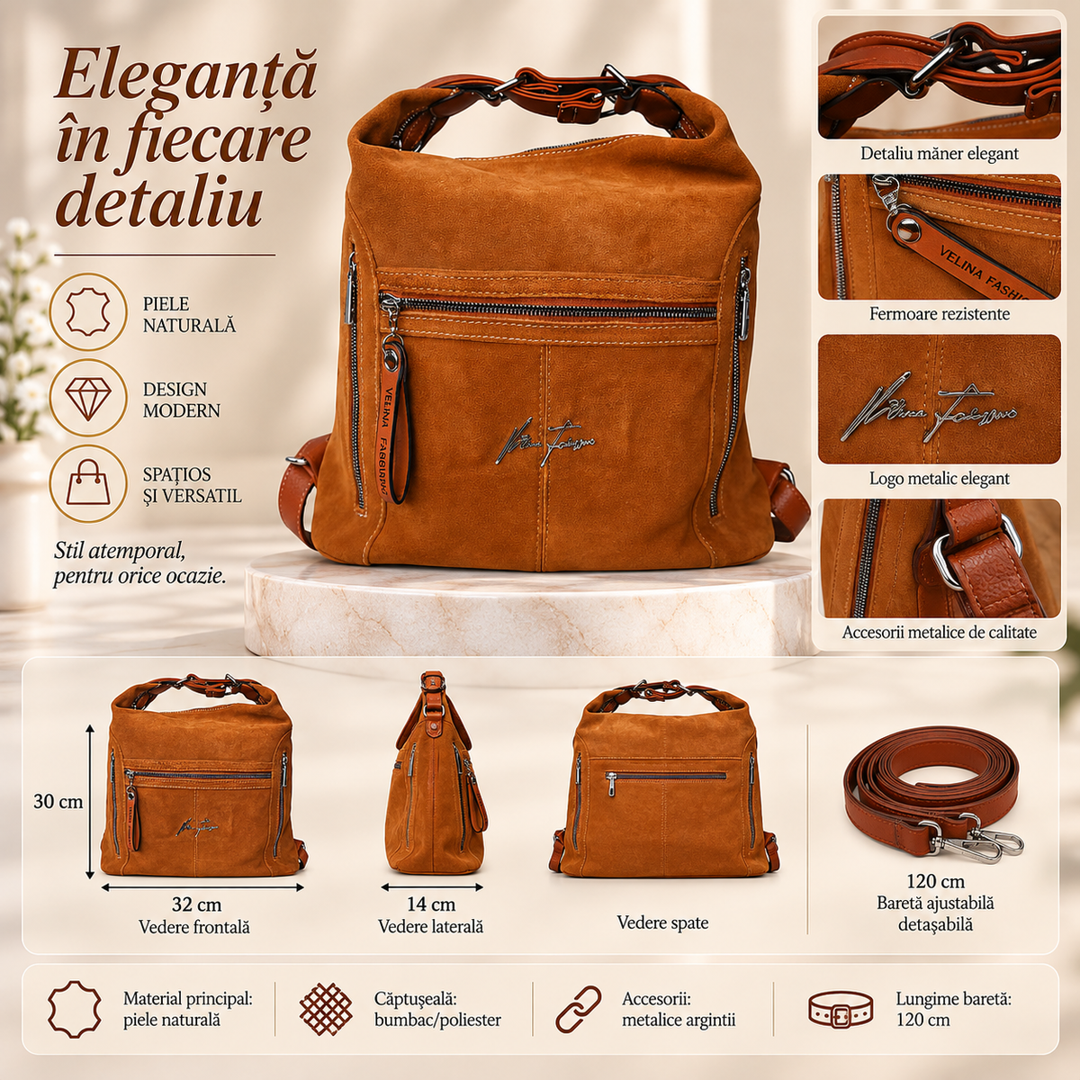 Rucsac Dama din Piele Naturala Cognac – Elegant, Compartimentat si cu Bretele Ajustabile