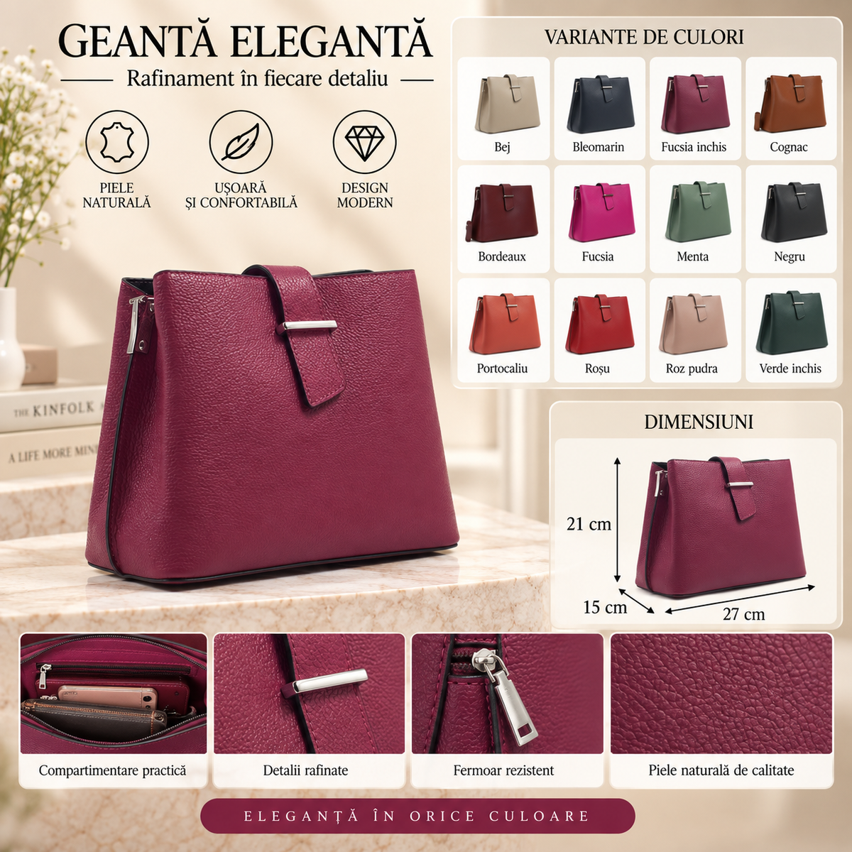 Geanta Dama din Piele Naturala 27 x 15 x 21 cm – 3 Compartimente si 2 Barete