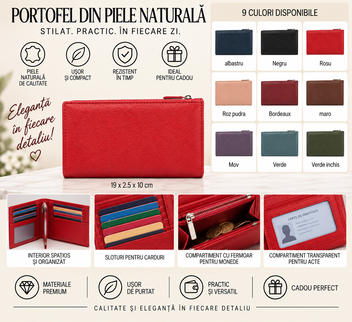 Portofel Dama din Piele Naturala 19 x 2.5 x 10 cm – Elegant, Subtire si Compartimentat