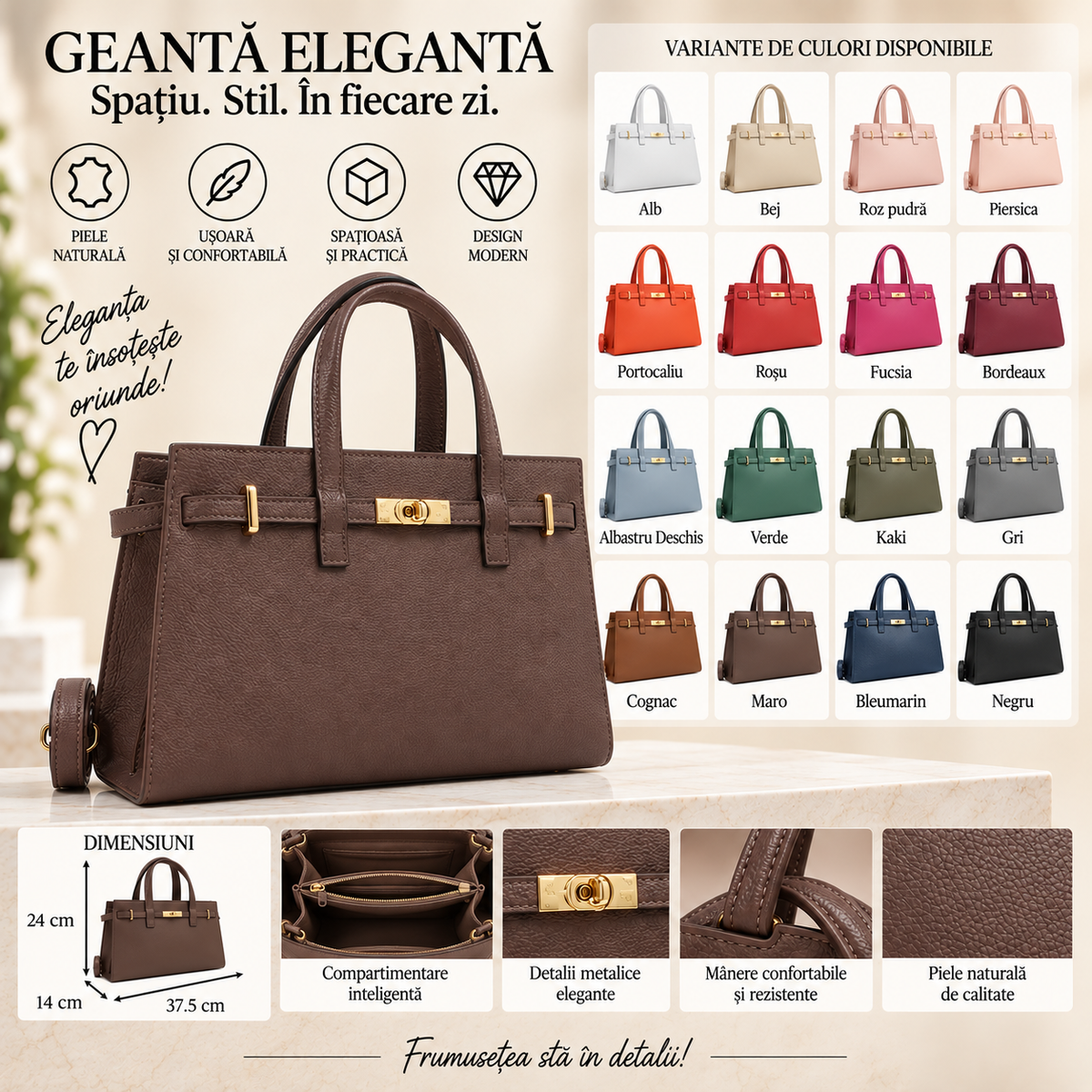 Geanta Dama din Piele Naturala 37.5 x 14 x 24 cm – 3 Compartimente, 2 Buzunare si Bareta Reglabila