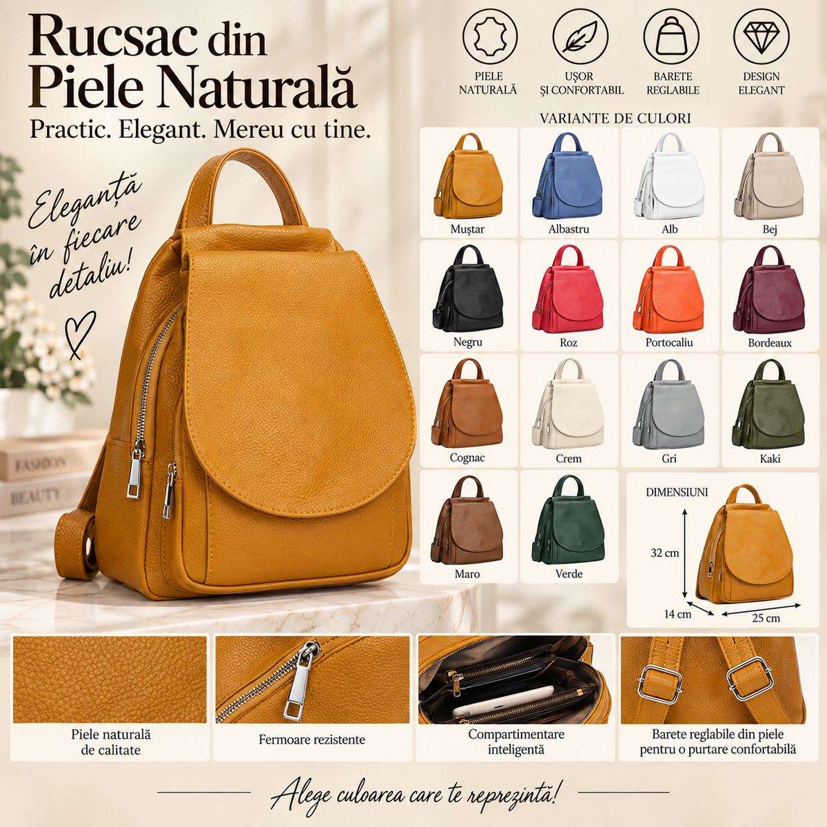 Geanta Dama din Piele Naturala 25 x 14 x 32 cm – 2 Compartimente, 4 Buzunare si Barete Reglabile