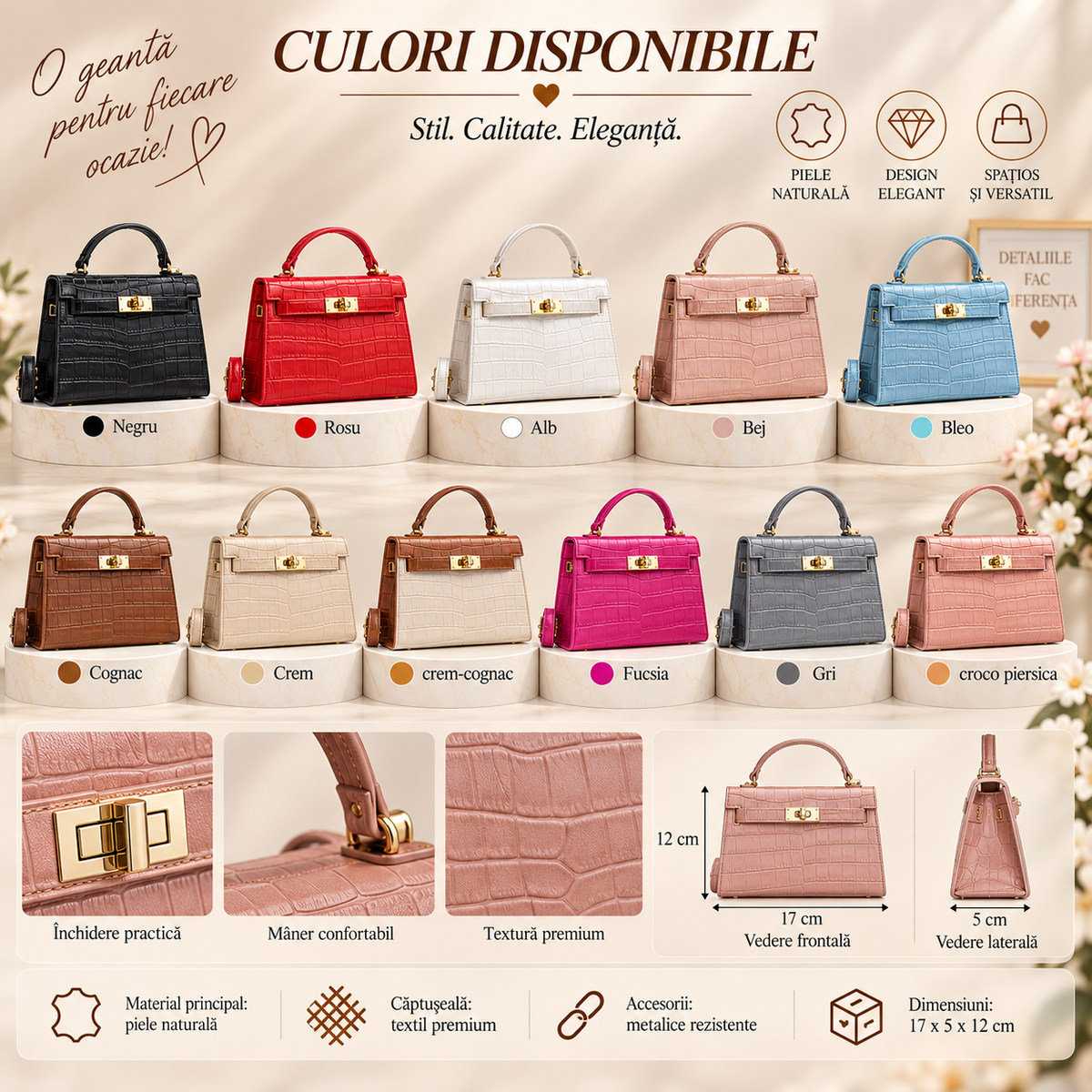 Geanta Mini Dama din Piele Naturala Croco 17 x 5 x 12 cm – Compacta, Eleganta si cu Bareta Reglabila