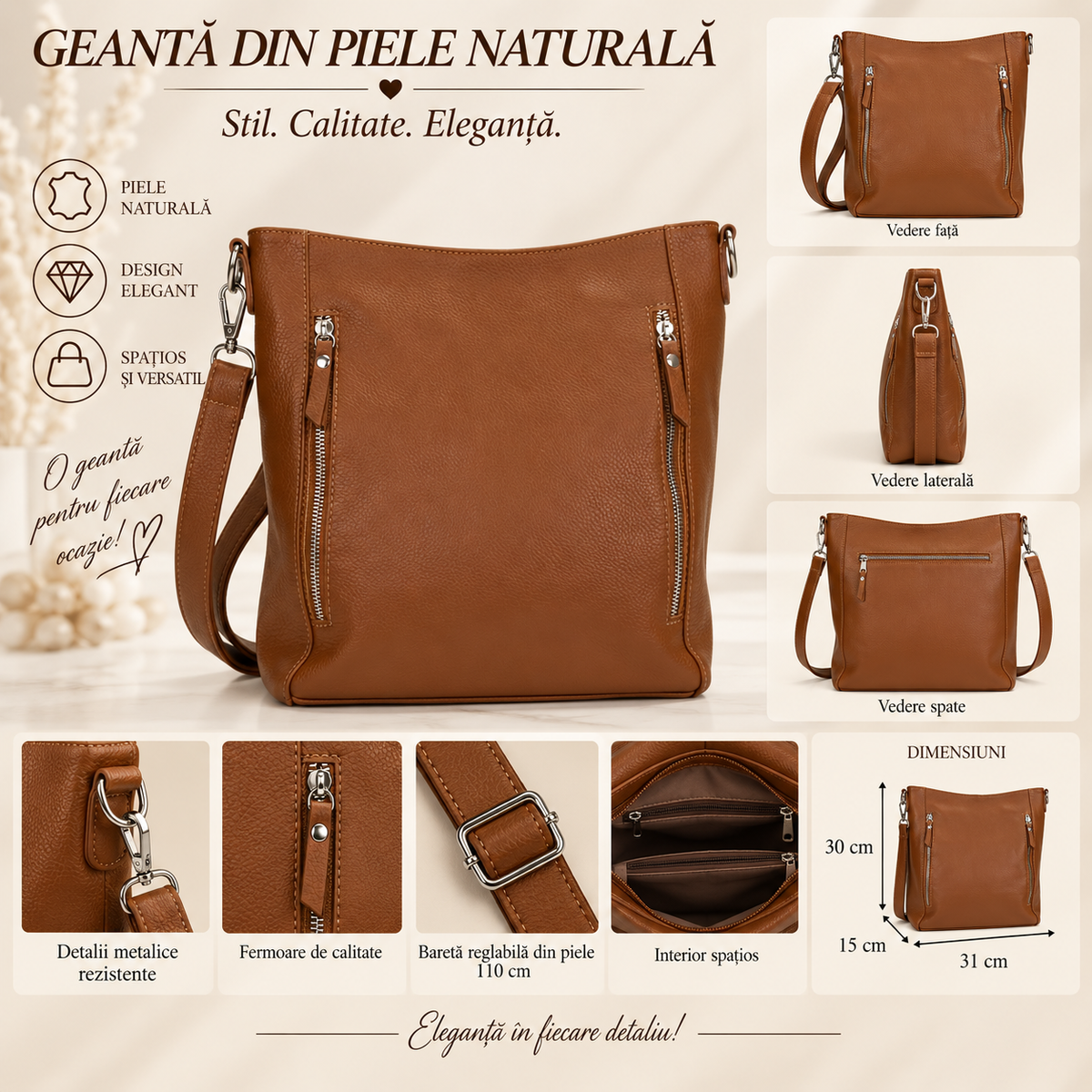 Geanta Dama din Piele Naturala 31 x 15 x 30 cm – 2 Compartimente, 5 Buzunare si Bareta Reglabila
