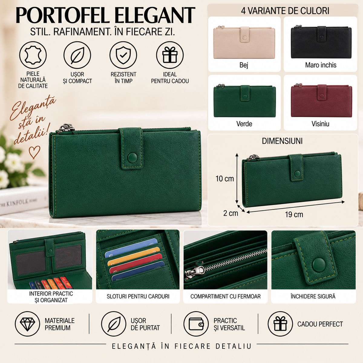 Portofel Dama din Piele Naturala 19 x 2 x 10 cm – Elegant, Compartimentat si Practic