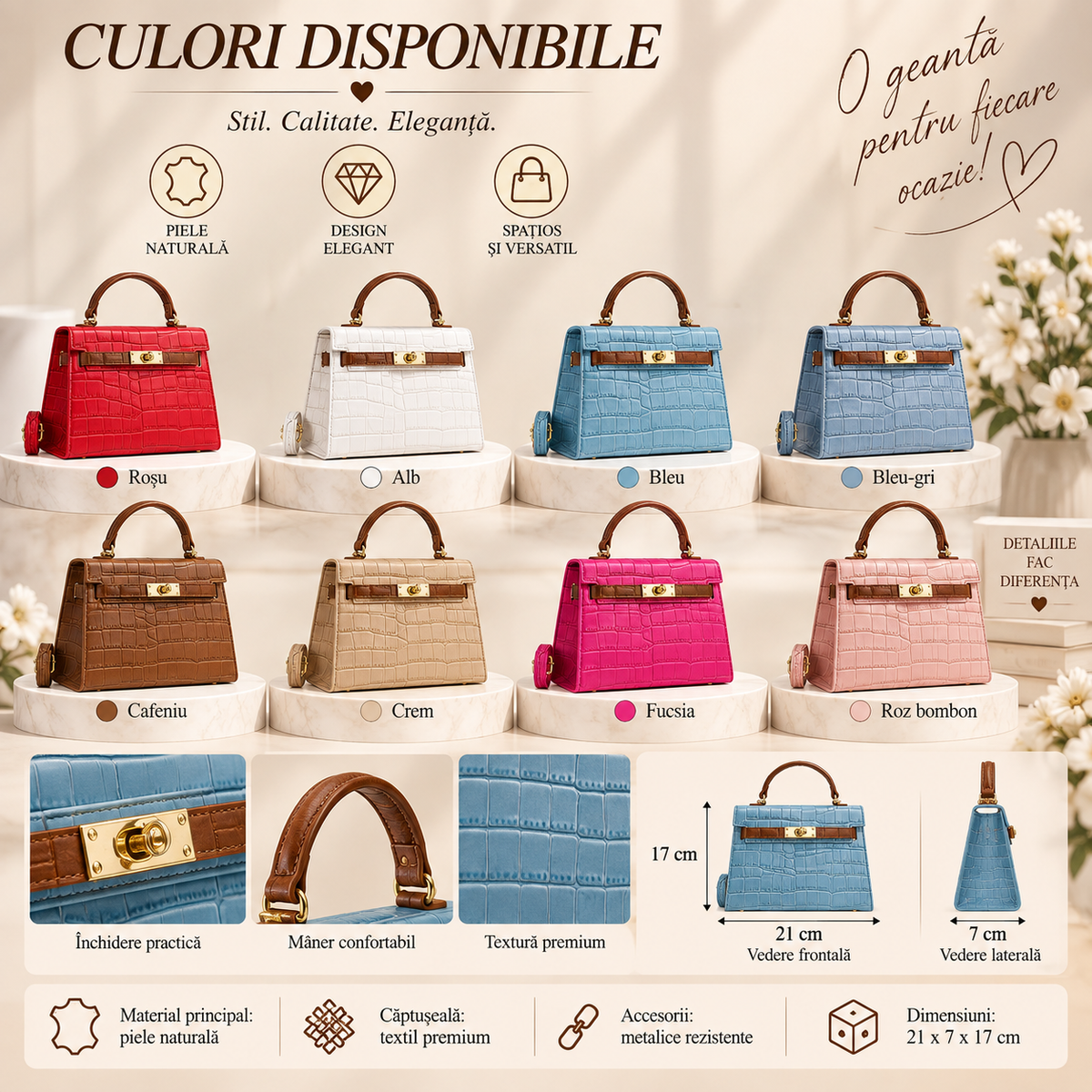 Geanta Mini Dama din Piele Naturala Croco 21 x 7 x 17 cm – Eleganta, Compacta si cu Bareta Reglabila