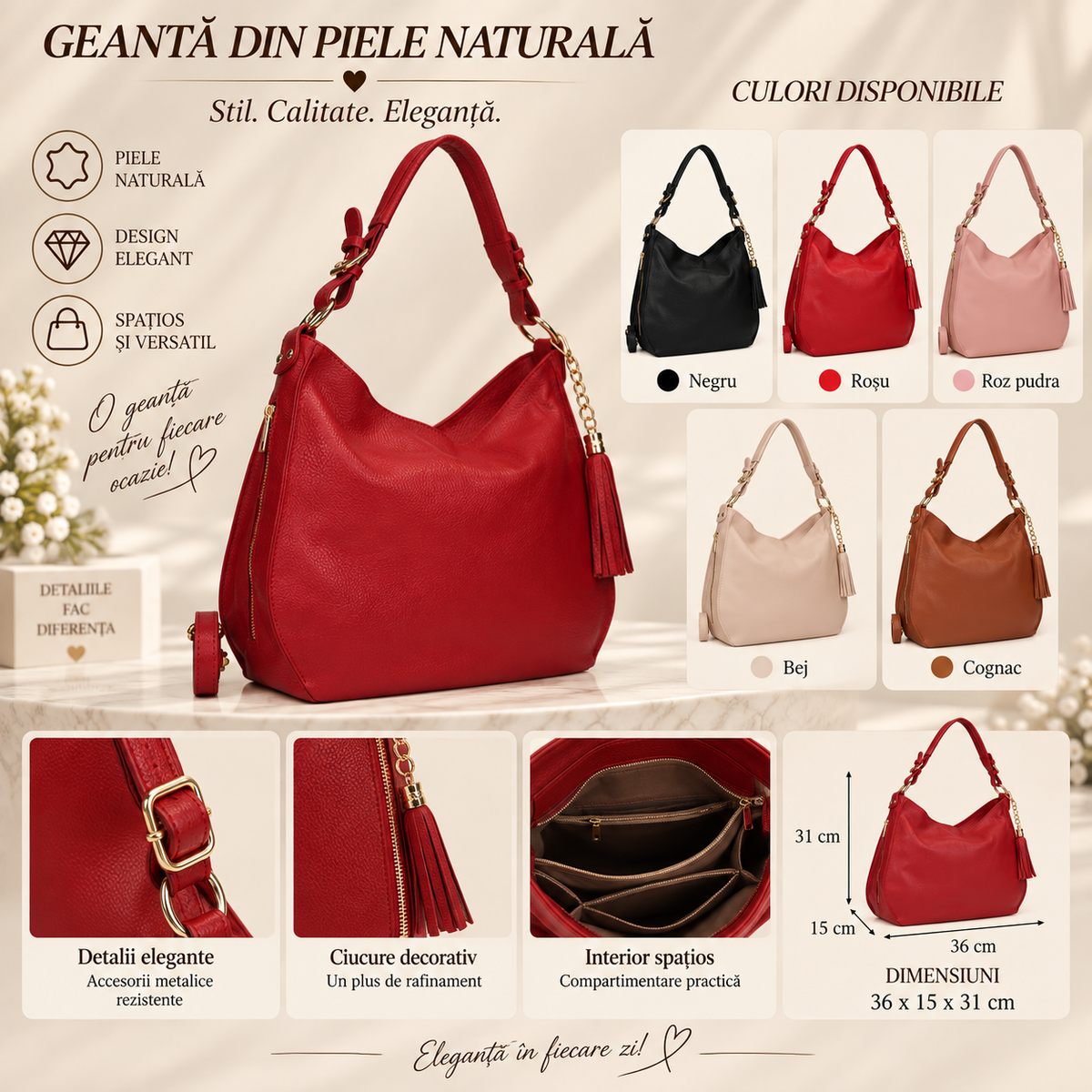 Geanta Dama din Piele Naturala 36 x 15 x 31 cm – Spatioasa, 2 Compartimente si Multiple Buzunare