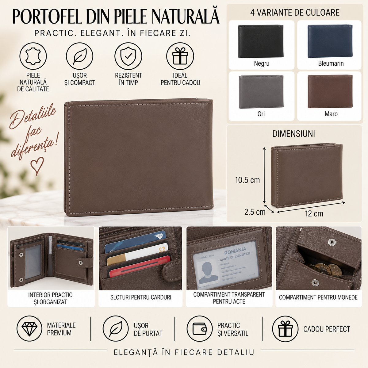 Portofel din Piele Naturala 12 x 2.5 x 10.5 cm – Compact, Elegant si Practic