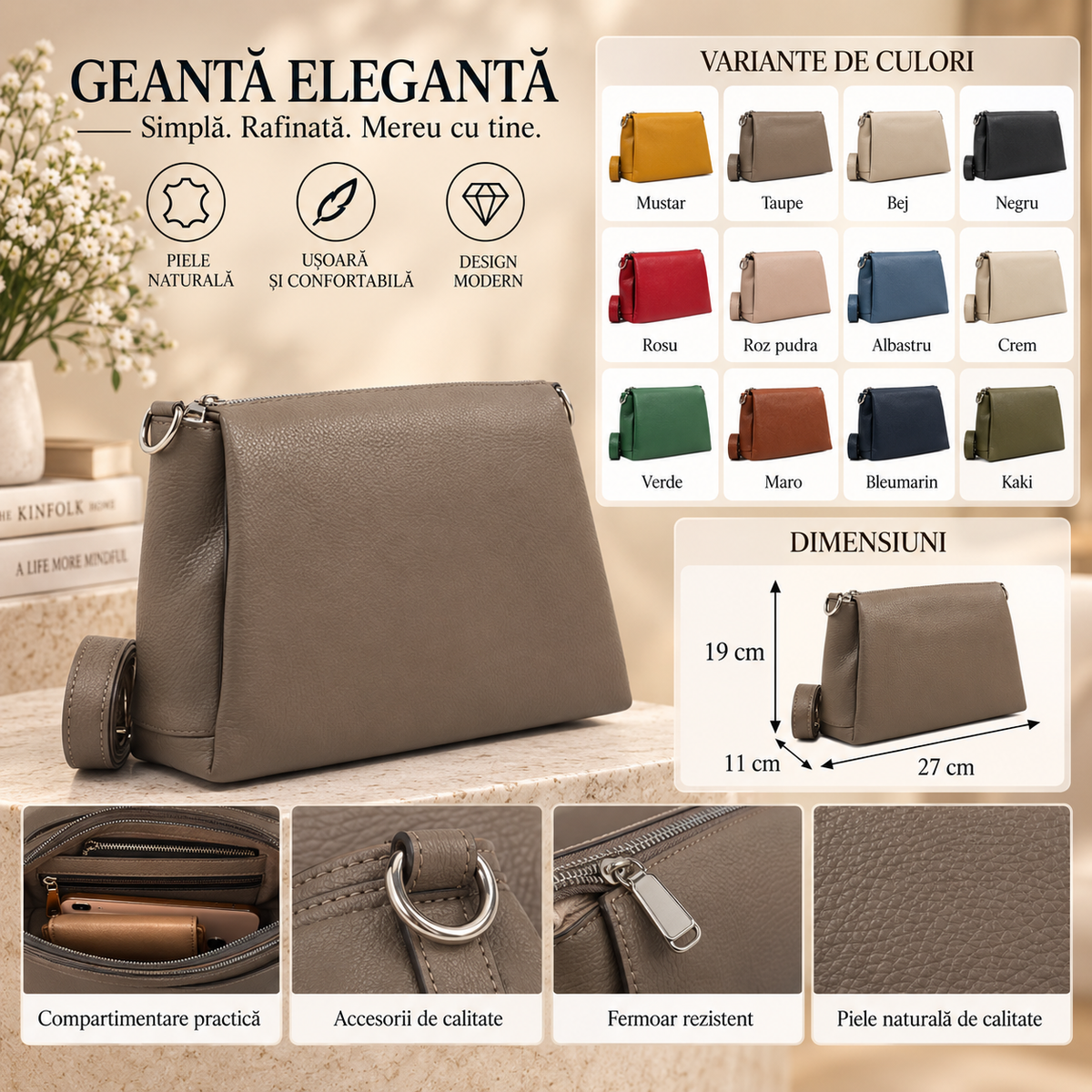 Geanta Dama din Piele Naturala 27 x 11 x 19 cm – 3 Compartimente, 2 Buzunare si Bareta Reglabila